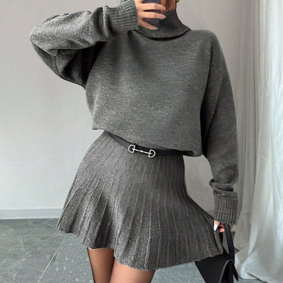 Grey Casual Women's Solid Color Loose Pleated Skirt And Turtleneck Sweater Suit - Picture 1 of 5
